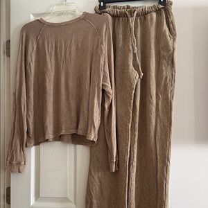 Cozy Taupe Ribbed Long Sleeve Top & Drawstring Lounge Pants Set